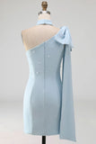 Light Blue Beaded One Shoulder Tight Short Homecoming Dress with Bow