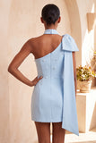 Pink Beaded One Shoulder Tight Short Homecoming Dress with Bow