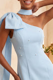 Pink Beaded One Shoulder Tight Short Homecoming Dress with Bow