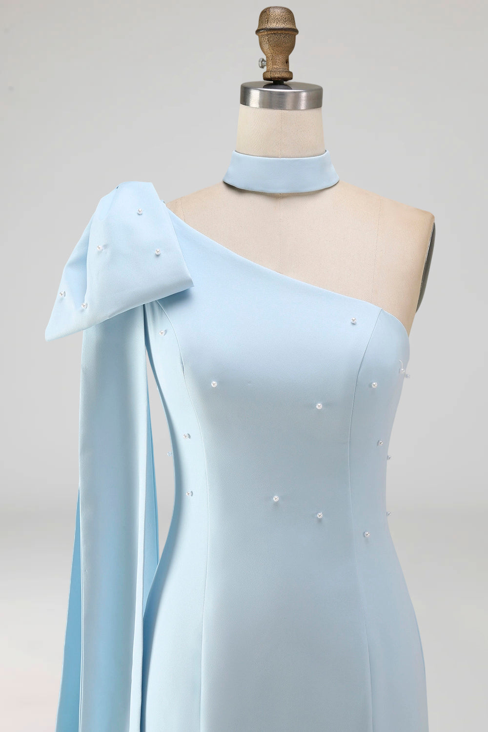Light Blue Beaded One Shoulder Tight Short Homecoming Dress with Bow