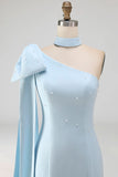 Light Blue Beaded One Shoulder Tight Short Homecoming Dress with Bow