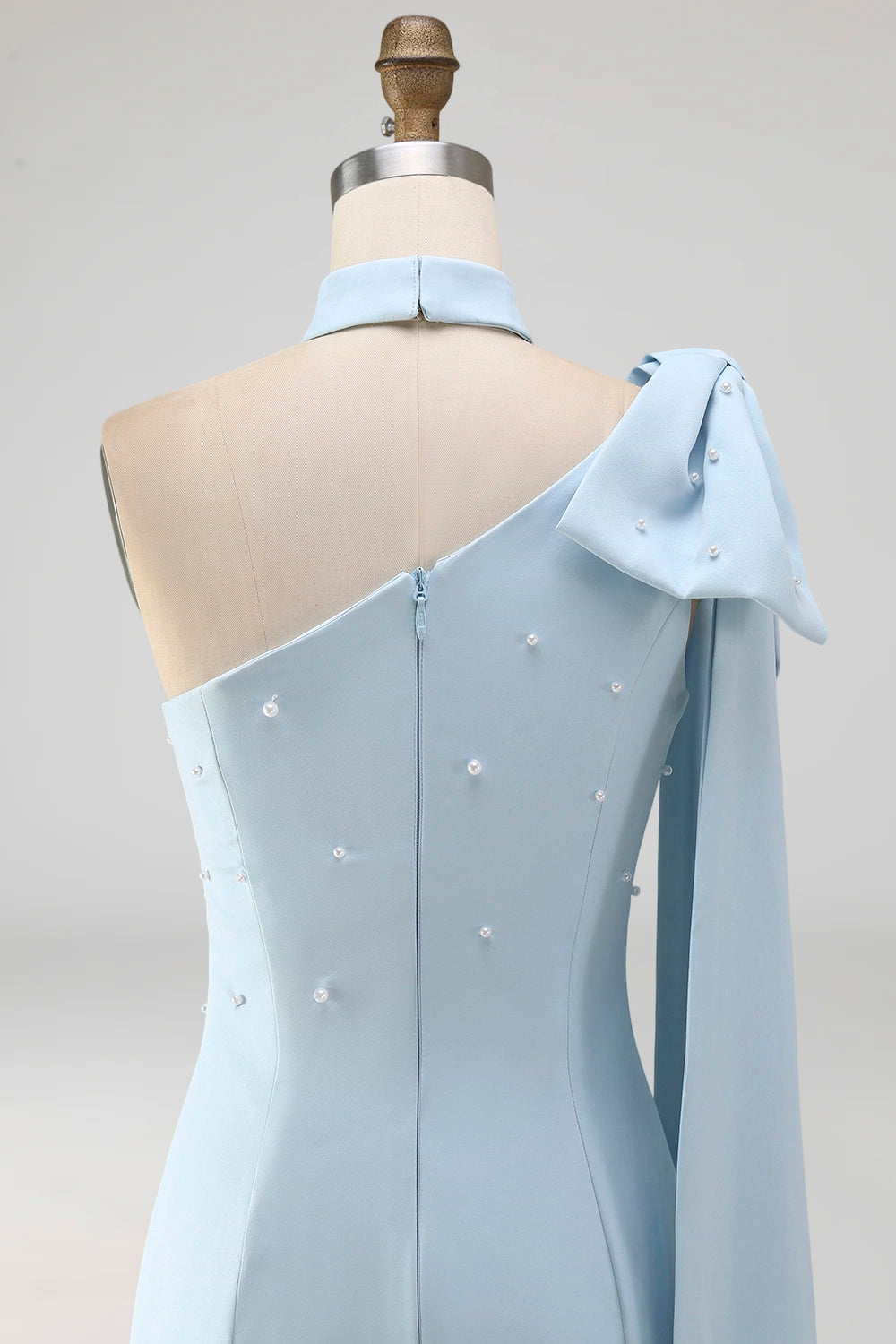Light Blue Beaded One Shoulder Tight Short Homecoming Dress with Bow