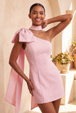 Pink Beaded One Shoulder Tight Short Homecoming Dress with Bow