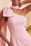 Pink Beaded One Shoulder Tight Short Homecoming Dress with Bow