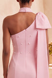 Pink Beaded One Shoulder Tight Short Homecoming Dress with Bow