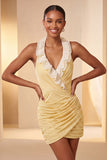 Glitter Light Yellow Ruched Tight Short Homecoming Dress with Ruffles