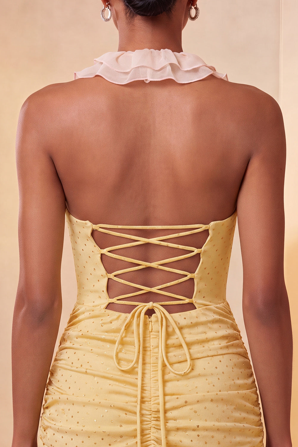 Glitter Light Yellow Ruched Tight Short Homecoming Dress with Ruffles