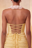 Glitter Light Yellow Ruched Tight Short Homecoming Dress with Ruffles