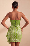 Green Lace Tight Ruched Short Homecoming Dress with Beading