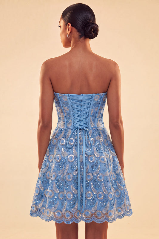 Sparkly Corset Blue Beaded Lace A-Line Short Homecoming Dress