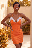 Sparkly Orange Beaded Ruffled Tight Short Homecoming Dress