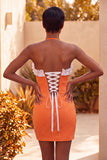 Sparkly Orange Beaded Ruffled Tight Short Homecoming Dress