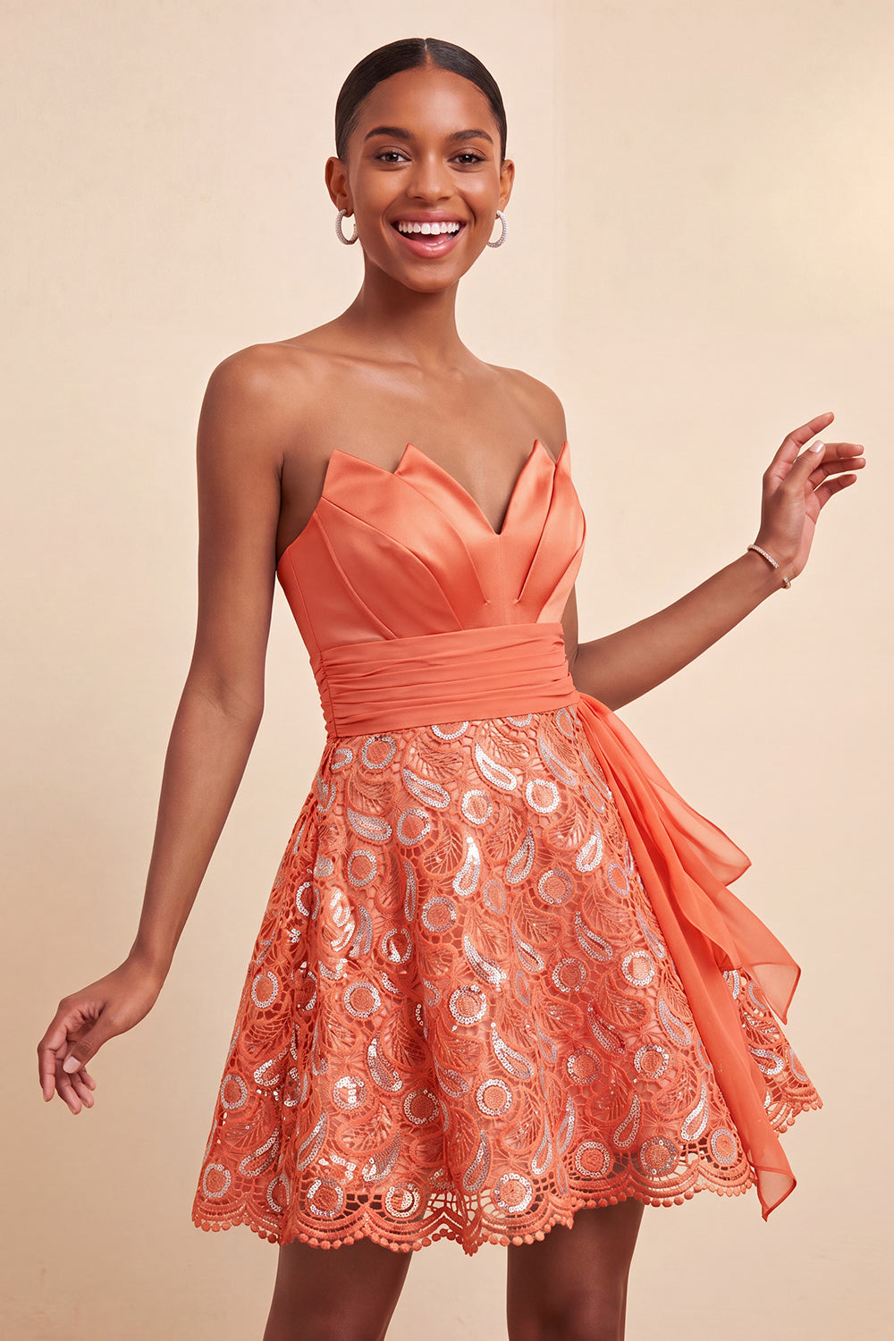 Orange Lace A Line Ruched Short Homecoming Dress with Sash