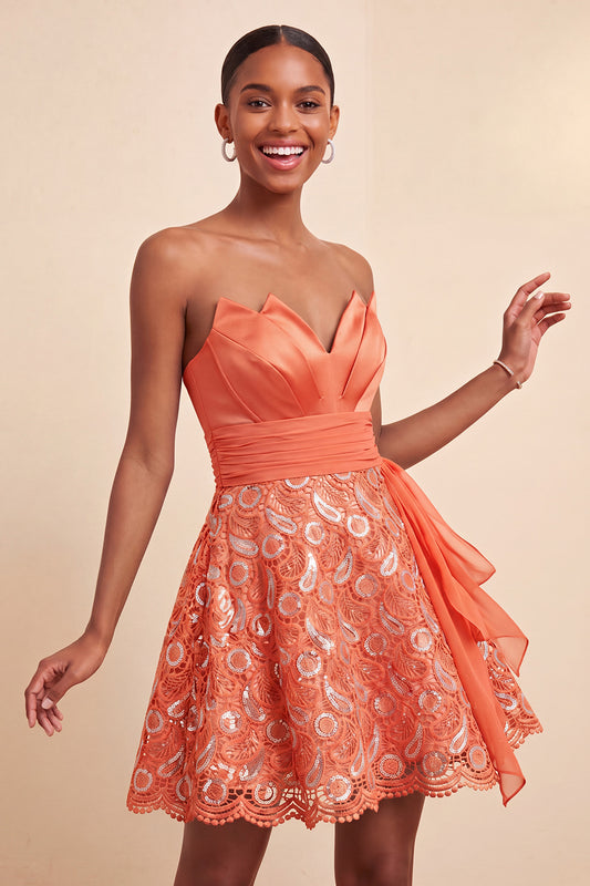 Orange Lace A Line Ruched Short Homecoming Dress with Sash