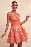 Orange Lace A Line Ruched Short Homecoming Dress with Sash