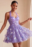 Glitter Light Purple Corset A-Line Short Homecoming Dress with 3D Butterflies