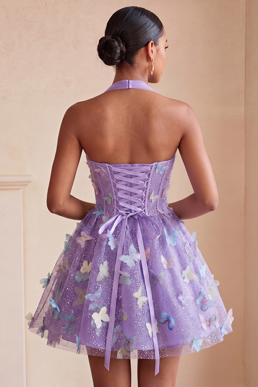 Glitter Light Purple Corset A-Line Short Homecoming Dress with 3D Butterflies