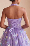 Glitter Light Purple Corset A-Line Short Homecoming Dress with 3D Butterflies