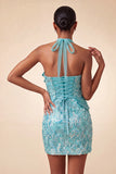Sparkly Sequin Lake Blue Halter Tight Short Homecoming Dress