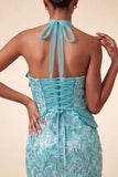 Sparkly Sequin Lake Blue Halter Tight Short Homecoming Dress