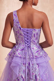 Sparkly Floral Light Purple Sequin Short Homecoming Dress with Ruffles