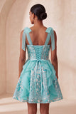 Sparkly Light Blue Corset Sequin Ruffled Short Homecoming Dress with Bows