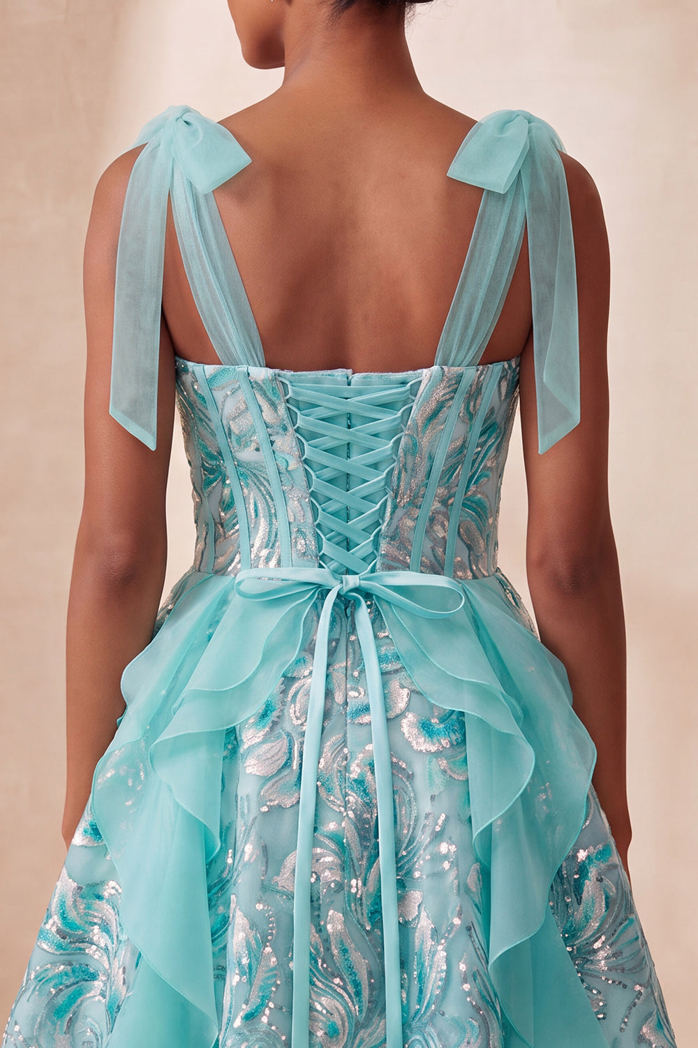 Sparkly Light Blue Corset Sequin Ruffled Short Homecoming Dress with Bows