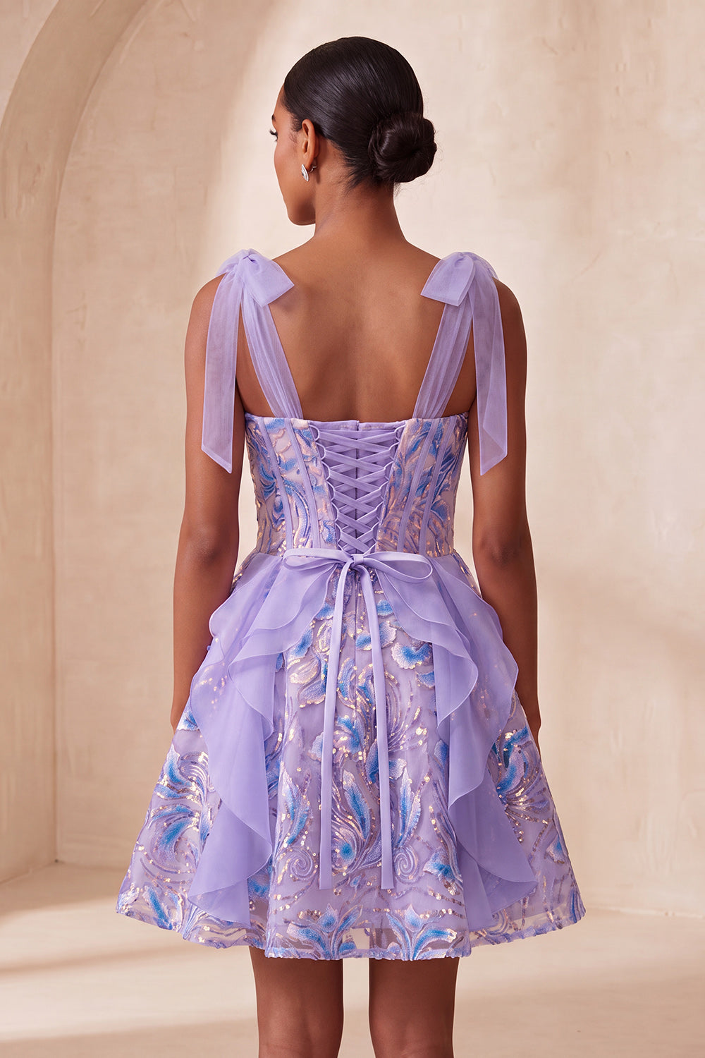Sparkly Light Blue Corset Sequin Ruffled Short Homecoming Dress with Bows