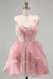 Sparkly Light Blue Corset Sequin Ruffled Short Homecoming Dress with Bows