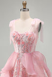 Sparkly Light Blue Corset Sequin Ruffled Short Homecoming Dress with Bows