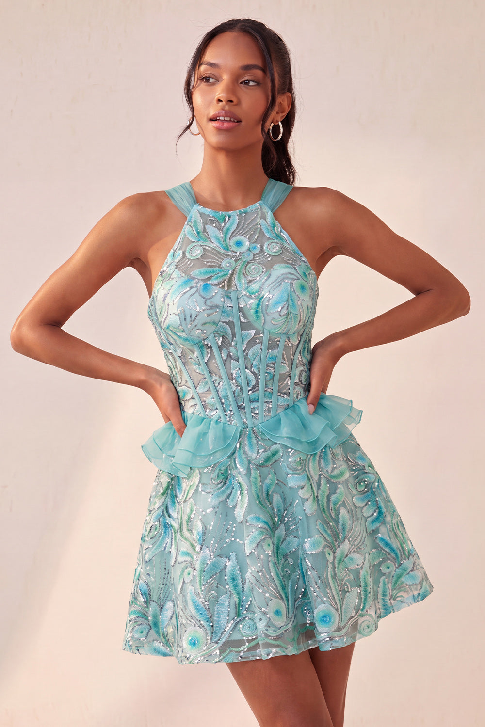 Sparkly Floral Purple Corset Beaded Short Homecoming Dress