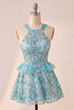 Sparkly Floral Purple Corset Beaded Short Homecoming Dress