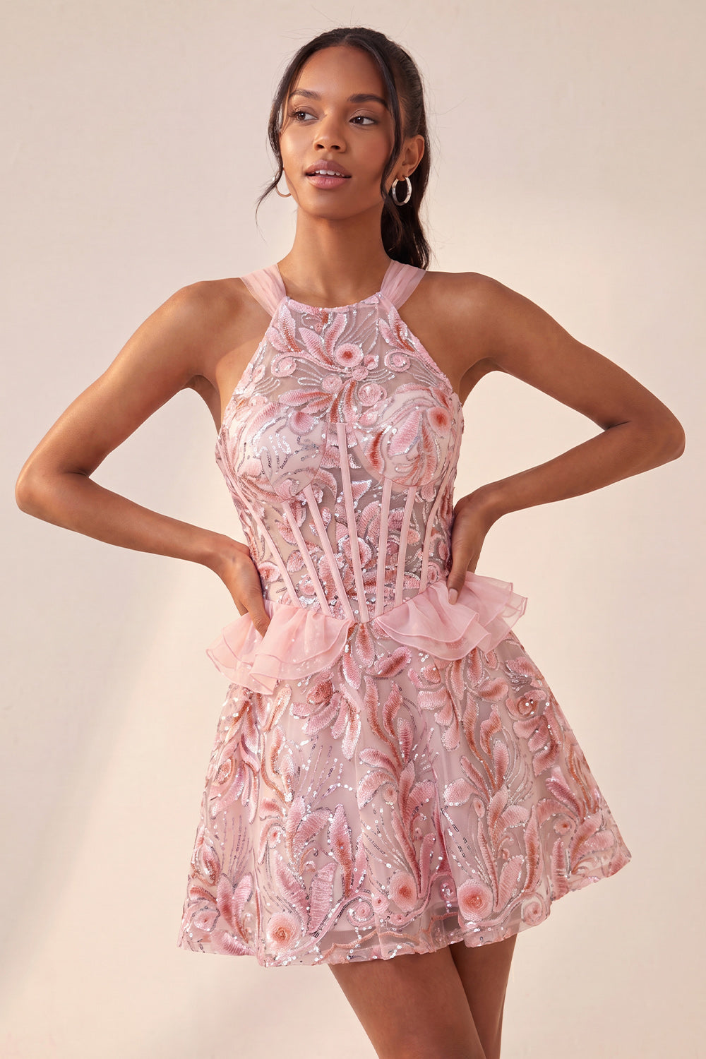 Sparkly Floral Purple Corset Beaded Short Homecoming Dress
