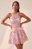 Sparkly Floral Purple Corset Beaded Short Homecoming Dress
