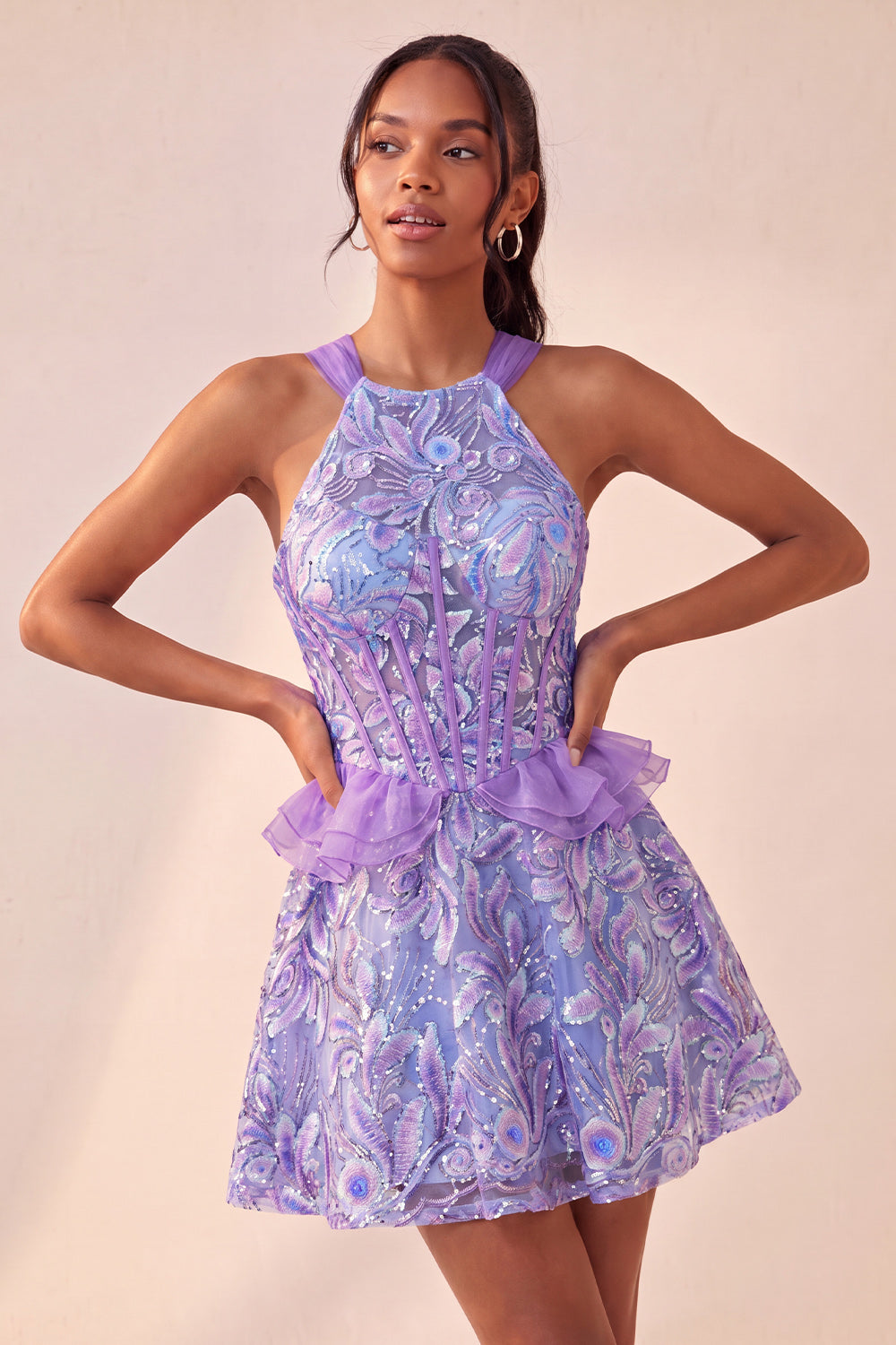 Sparkly Floral Purple Corset Beaded Short Homecoming Dress
