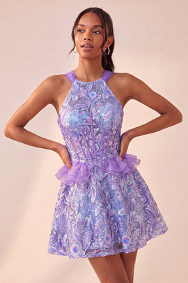 Sparkly Floral Purple Corset Beaded Short Homecoming Dress