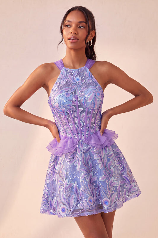 Sparkly Floral Purple Corset Beaded Short Homecoming Dress
