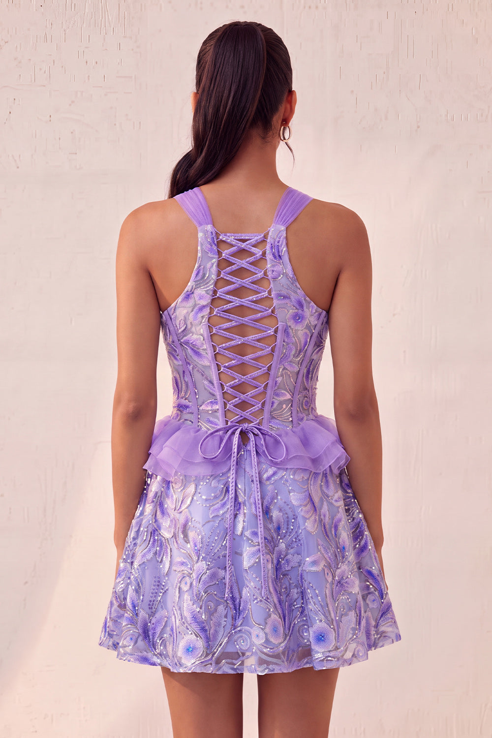 Sparkly Floral Purple Corset Beaded Short Homecoming Dress