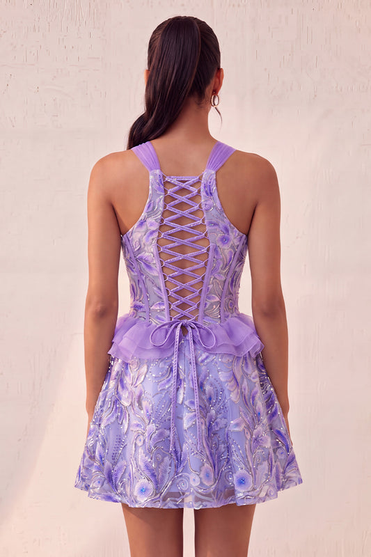 Sparkly Floral Purple Corset Beaded Short Homecoming Dress