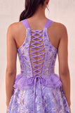 Sparkly Floral Purple Corset Beaded Short Homecoming Dress