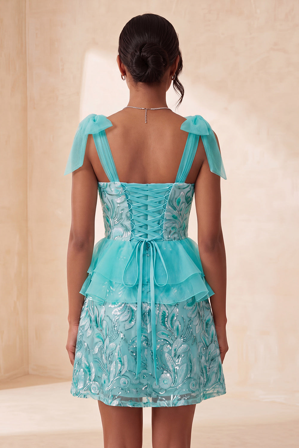 Sparkly Floral Lake Blue Sequin Ruffled Short Homecoming Dress with Bows