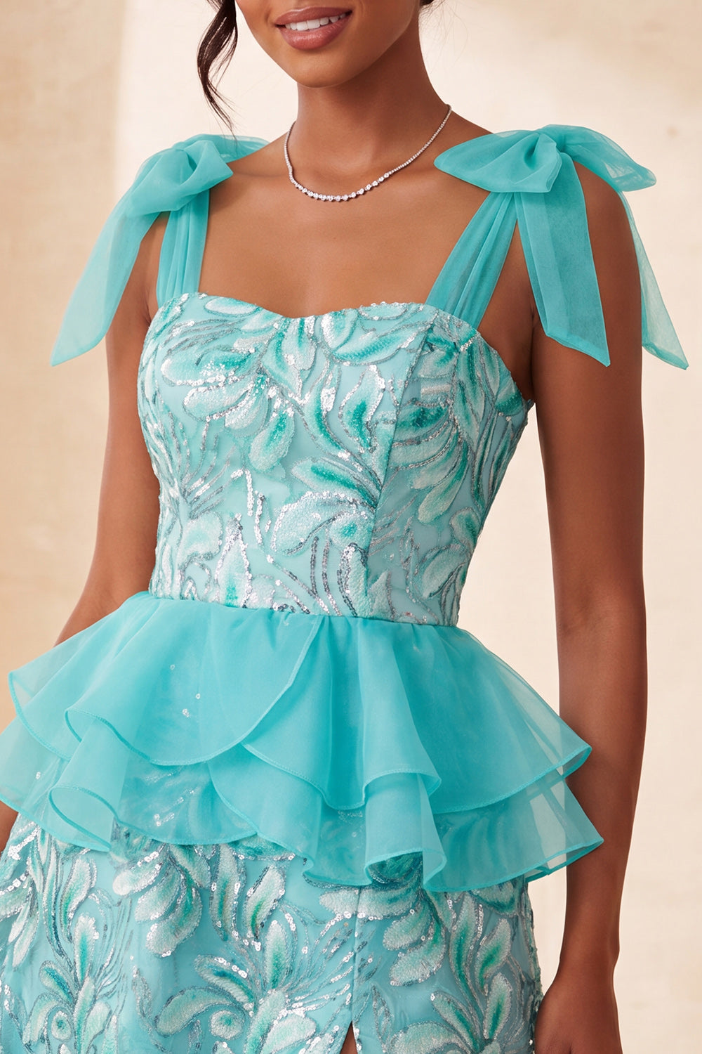 Sparkly Floral Lake Blue Sequin Ruffled Short Homecoming Dress with Bows