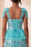 Sparkly Floral Lake Blue Sequin Ruffled Short Homecoming Dress with Bows