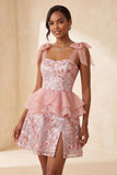 Sparkly Floral Lake Blue Sequin Ruffled Short Homecoming Dress with Bows