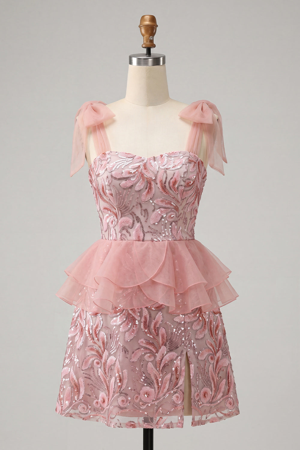Sparkly Floral Lake Blue Sequin Ruffled Short Homecoming Dress with Bows