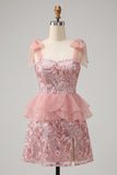Sparkly Floral Lake Blue Sequin Ruffled Short Homecoming Dress with Bows