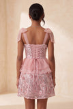 Sparkly Floral Lake Blue Sequin Ruffled Short Homecoming Dress with Bows