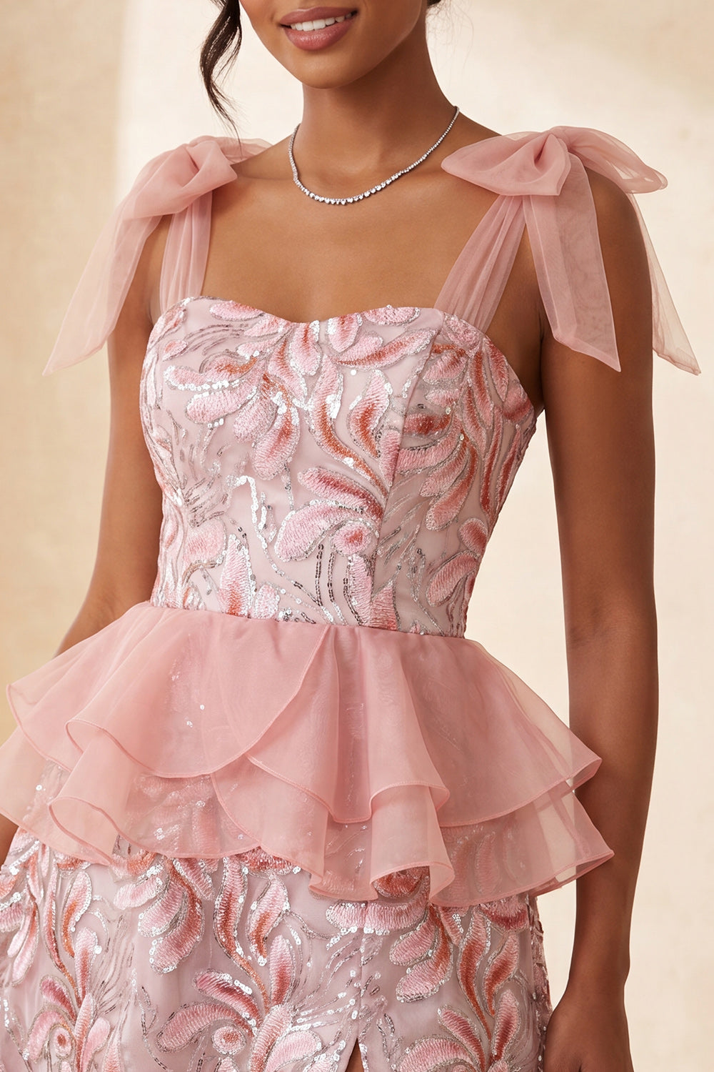 Sparkly Floral Lake Blue Sequin Ruffled Short Homecoming Dress with Bows
