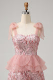 Sparkly Floral Lake Blue Sequin Ruffled Short Homecoming Dress with Bows