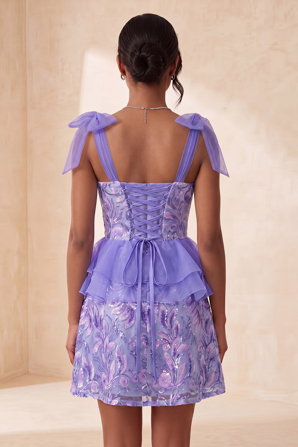 Sparkly Floral Lake Blue Sequin Ruffled Short Homecoming Dress with Bows